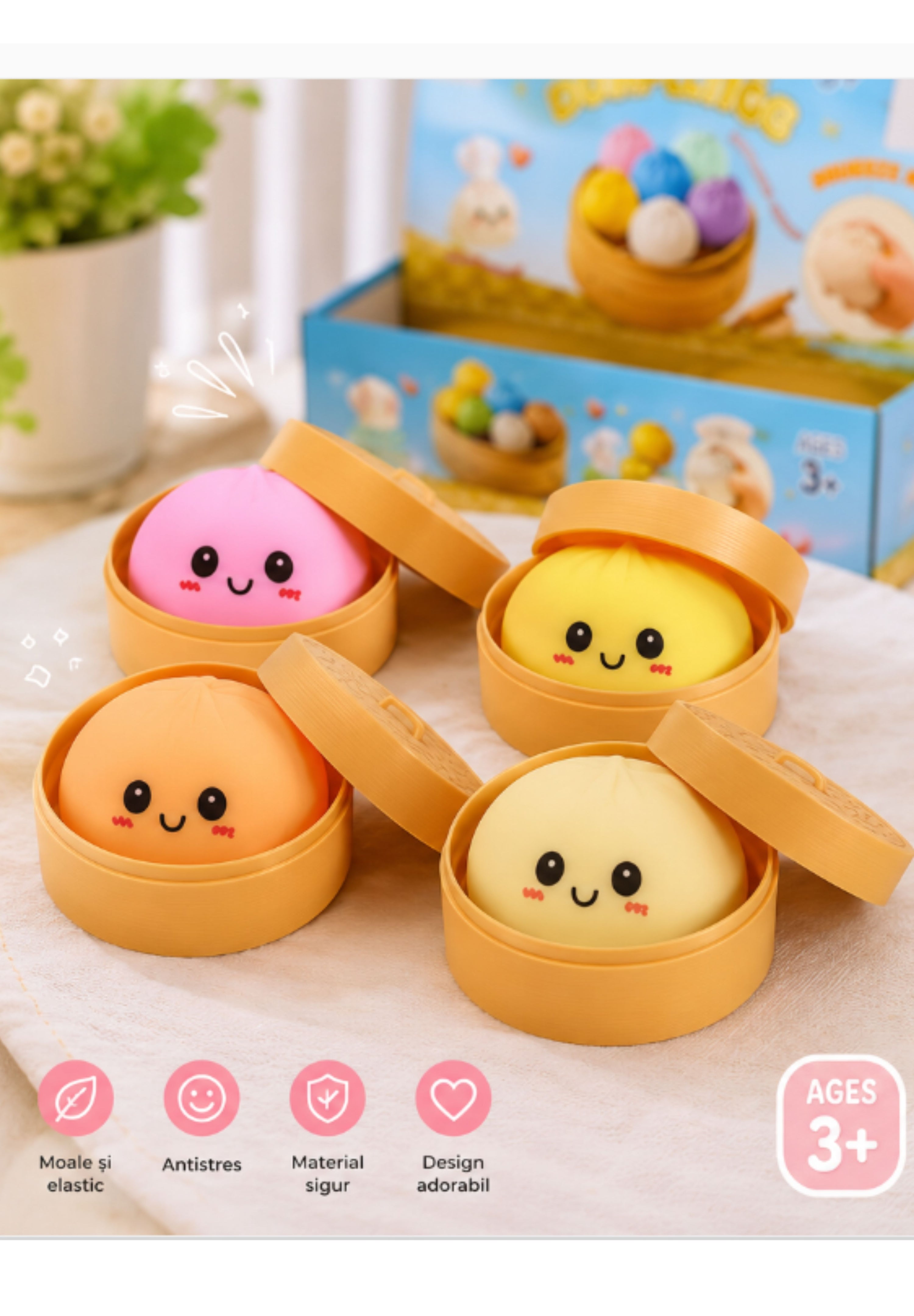Squishy Dumpling în Cutie Tip Aburitor, 8 cm, Glitter/Transparent/MATA- Aleeator