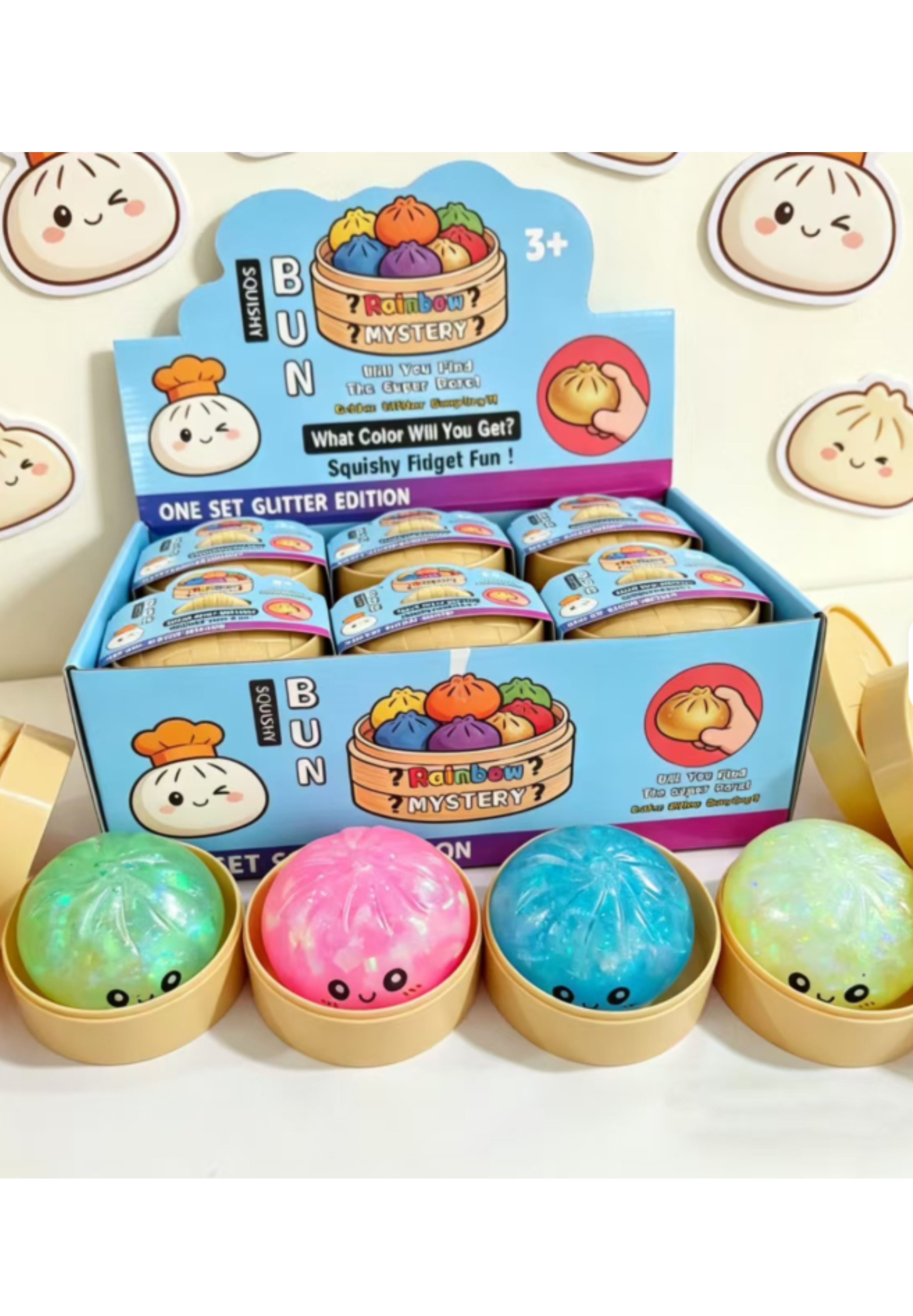 Squishy Dumpling în Cutie Tip Aburitor, 8 cm, Glitter/Transparent/MATA- Aleeator